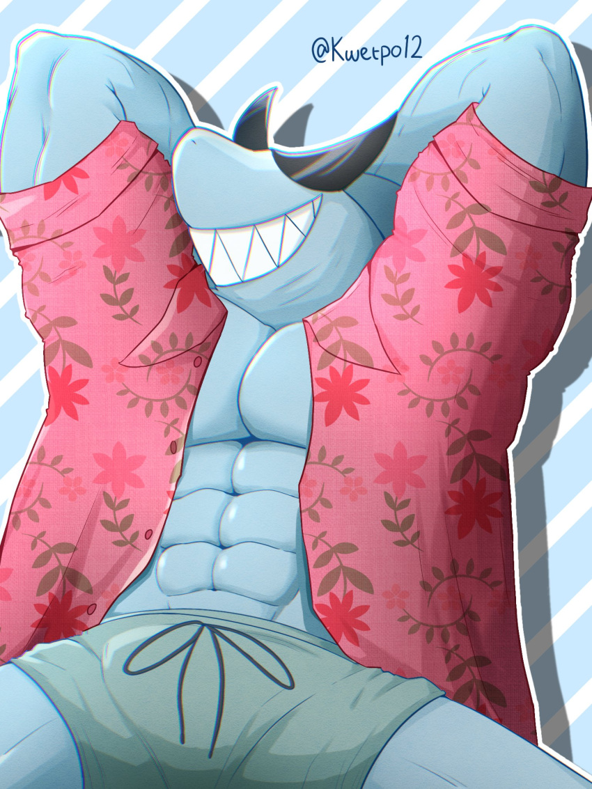 3:4 abs aloha_shirt anthro blue_body blue_bottomwear blue_clothing bottomwear clothed clothing eyewear fish flexing grin hands_behind_head hi_res kwetpo12 male marine monotone_body mr._jawsum muscular muscular_anthro muscular_male omori_(game) open_clothing open_shirt open_topwear pattern_clothing pattern_shirt pattern_topwear pink_clothing pink_shirt pink_topwear shark sharp_teeth shirt smile solo sunglasses swimming_trunks swimwear teeth topwear