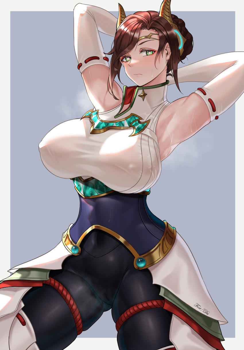 1girl absurdres alexandria_(xenoblade) armpits braid breasts brown_hair covered_nipples forehead_protector french_braid green_eyes headpiece highres large_breasts moonface ornament simple_background solo sweat xenoblade_chronicles_(series) xenoblade_chronicles_3