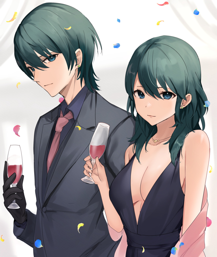 1boy 1girl alternate_costume bare_shoulders black_dress black_gloves black_shirt black_suit blue_eyes blue_hair breasts byleth_(fire_emblem) byleth_(fire_emblem)_(female) byleth_(fire_emblem)_(male) cleavage closed_mouth collarbone collared_shirt commentary confetti cup dress drink drinking_glass ear_piercing fire_emblem fire_emblem:_three_houses formal gloves haru_(nakajou-28) highres holding holding_cup long_hair looking_at_viewer medium_breasts necktie piercing pink_necktie shawl shirt short_hair sleeveless sleeveless_dress suit symbol-only_commentary upper_body white_background