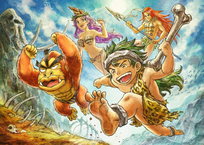 1girl 3boys abs barefoot beru_(live_a_live) bone breasts cleavage gori_(live_a_live) green_hair highres live_a_live multiple_boys muscular muscular_male official_art pelt pink_hair pogo_(live_a_live) polearm running shell shell_bikini skeleton spear tribal v-shaped_eyebrows weapon zaki_(live_a_live)