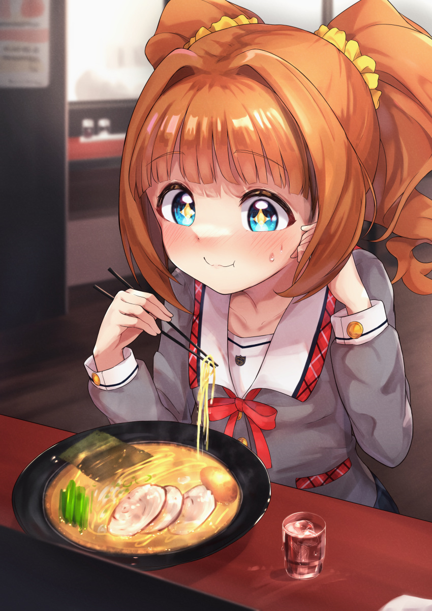 +_+ 1girl absurdres aqua_eyes bangs blunt_bangs blurry blurry_background blush chopsticks collared_jacket eating food hair_ornament hair_scrunchie highres holding holding_chopsticks idolmaster idolmaster_million_live! looking_down neck_ribbon noodles oops orange_hair ramen restaurant ribbon scrunchie solo sweat takatsuki_yayoi twintails