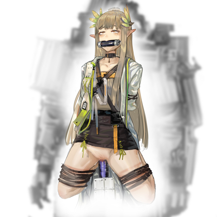 1girl absurdres ahegao arknights arms_behind_back ball_gag bangs bdsm bit_gag black_choker black_skirt blurry blurry_background blush bondage bound bound_legs brown_eyes brown_hair censored choker clothes_lift coat collarbone defeat depth_of_field dildo elf full_body gag hair_ornament highres long_hair miniskirt mole mole_under_eye mosaic_censoring muelsyse_(arknights) object_insertion open_clothes open_coat pointy_ears restrained robot sex_machine sex_toy skirt skirt_lift solo stationary_restraints straight_hair vaginal vaginal_object_insertion very_long_hair white_coat yi_zhi_ai_xi