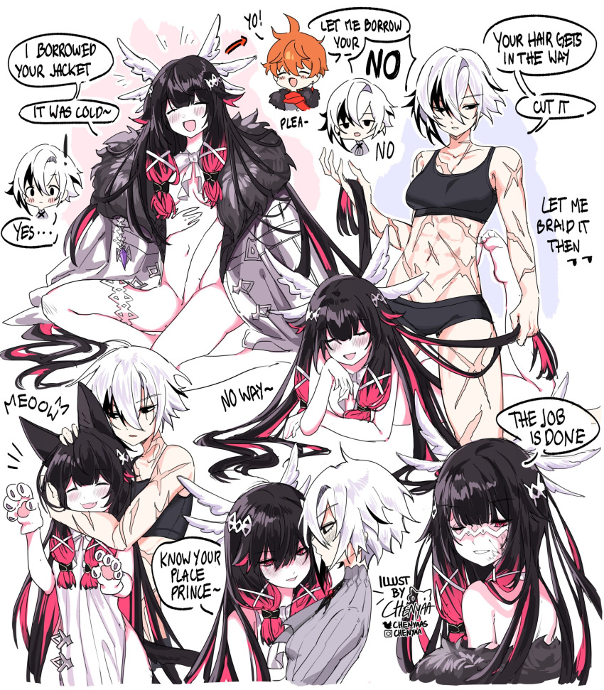 ! 1boy 2girls abs animal_ears animal_hands arlecchino_(genshin_impact) bangs black_bra black_hair black_panties blush bra breasts chenyaas closed_eyes coat coat_on_shoulders columbina_(genshin_impact) english_commentary english_text eye_mask fur-trimmed_coat fur_trim genshin_impact gloves hair_between_eyes hair_ribbon highres instagram_username mask medium_breasts multicolored_hair multiple_girls multiple_views nude one_eye_closed open_mouth orange_hair panties parted_lips paw_gloves pink_hair ribbon scar scar_on_arm scar_on_chest scar_on_leg short_hair signature single_thighhigh speech_bubble streaked_hair tartaglia_(genshin_impact) thighhighs toned twitter_username underwear white_hair white_mask white_thighhighs