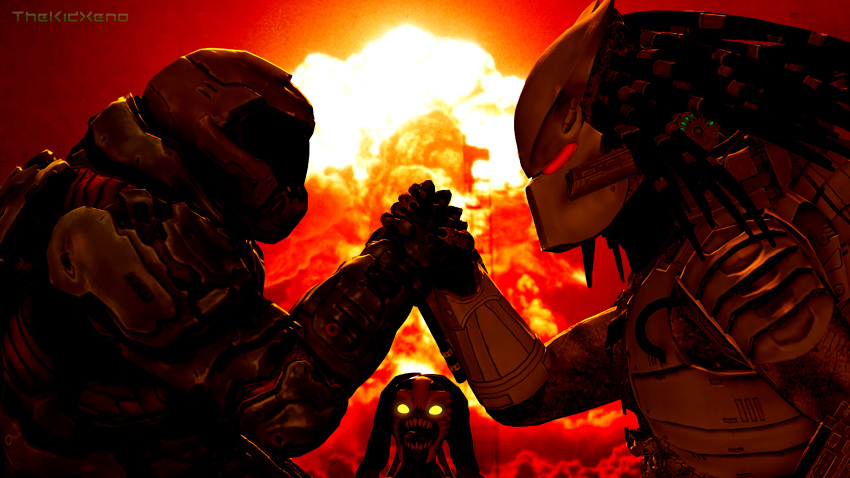 16:9 3d_(artwork) 4k absurd_res ambiguous_gender armor black_body claws crossover demon detailed_background digital_media_(artwork) doom_(series) doom_slayer faceless_character faceless_male fangs glowing glowing_eyes group headgear helmet hi_res human humanoid id_software imp_(doom) male mammal multicolored_body muscular muscular_male open_mouth orange_body predator_(franchise) source_filmmaker teeth thekidxeno thick_thighs tongue trio two_tone_body video_games widescreen yautja yellow_eyes