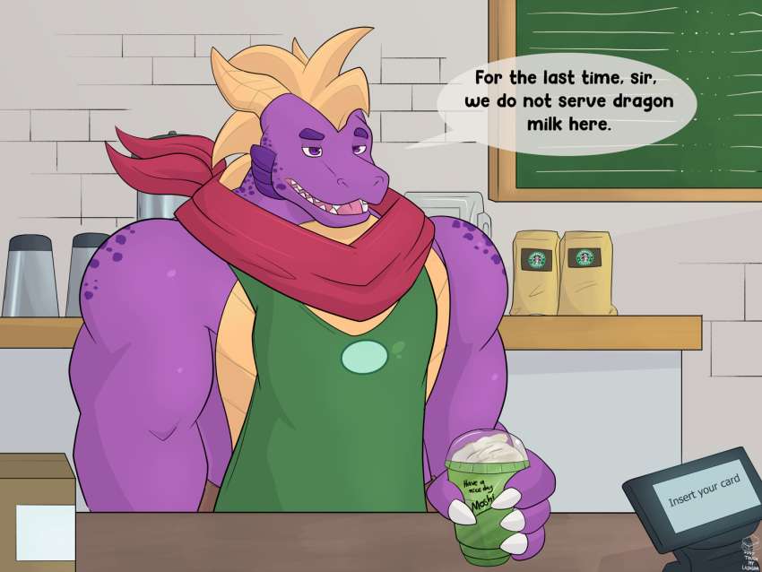 2022 4:3 activision aged_up anthro apron bandanna brick_wall cafe clothing dairy_products dialogue digital_media_(artwork) donttouchmylasagna dragon english_text food inside kerchief male menu_board milkshake muscular open_mouth purple_body scalie solo speech_bubble spyro spyro_the_dragon text unamused video_games wall_(structure) whipped_cream