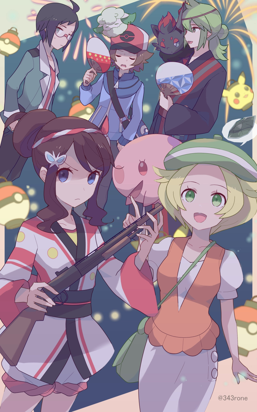 2girls 343rone 3boys :d absurdres bianca_(pokemon) blonde_hair blue_eyes blue_jacket brown_hair character_print cheren_(pokemon) closed_mouth cottonee eyelashes frown green_eyes green_headwear gun hat highres hilbert_(pokemon) hilda_(pokemon) holding holding_gun holding_weapon jacket multiple_boys multiple_girls munna n_(pokemon) official_alternate_costume on_shoulder open_mouth orange_vest pikachu poke_ball_print pokemon pokemon_(creature) pokemon_(game) pokemon_bw pokemon_masters_ex pokemon_on_shoulder short_hair short_sleeves shorts sidelocks smile tongue vest weapon zorua