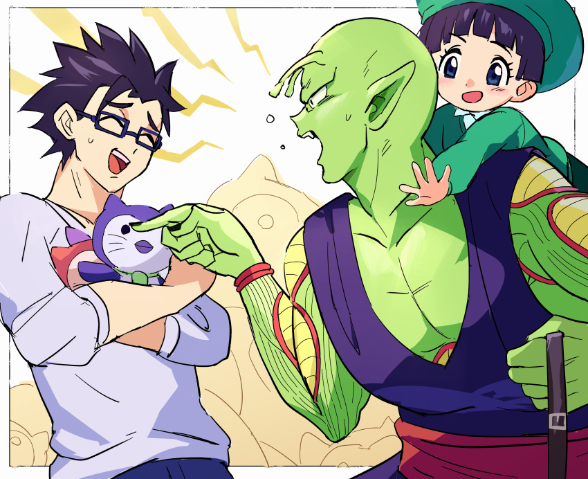 1girl 2boys :d absurdres antennae black_hair child closed_eyes dragon_ball dragon_ball_super dragon_ball_super_super_hero father_and_daughter female_child glasses hat highres holding holding_stuffed_toy kindergarten_uniform multiple_boys open_mouth pan_(dragon_ball) pants pectorals piccolo pointing pointy_ears red_sash sakamoto_(ojiojiojisanda) sash shirt sketch smile son_gohan spiked_hair stuffed_toy sweatdrop