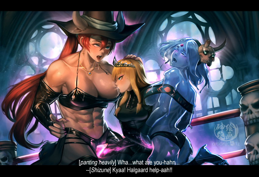 abs arsonichawt blonde_hair blue_eyes blush breast_sucking breasts earrings elbow_sleeve english_text fff_threesome fingering green_eyes group_sex hat highres horns jewelry lactation large_breasts monster_girl muscular muscular_female original red_hair saliva skull slime_girl thighs threesome tiara witch_hat yuri