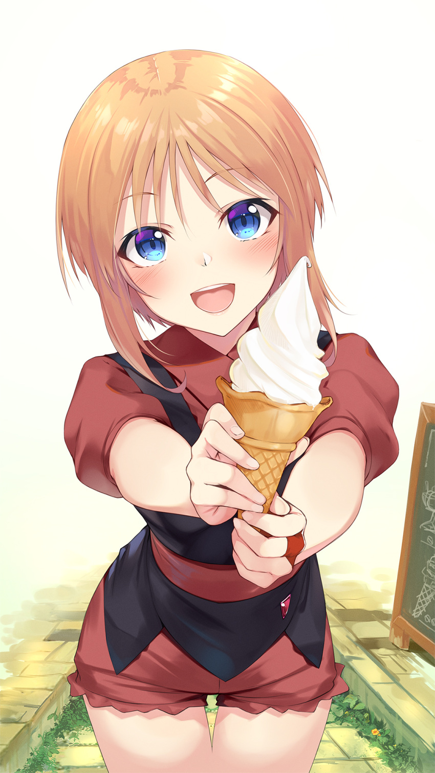 1girl blonde_hair blush chalkboard fingernails grass gundam highres ice_cream_cone koikeya long_fingernails looking_at_viewer medium_hair puru_two smile solo teeth thigh_gap thighs upper_teeth