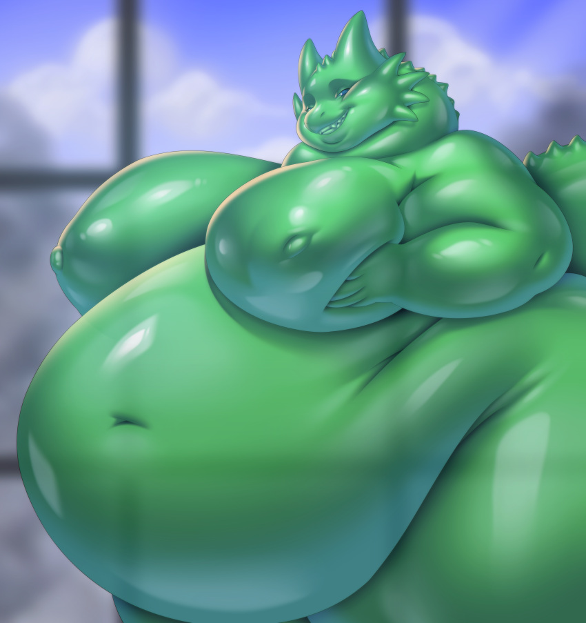 absurd_res anthro artisipancake belly big_belly big_moobs dragon goo_creature goo_dragon green_body hi_res honeydew_(daletfours) huge_moobs hyper hyper_belly looking_at_viewer male moob_grab moob_grope moobs nude obese overweight overweight_anthro overweight_male slightly_chubby smile solo translucent translucent_body