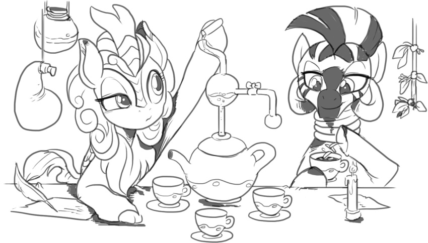 2020 asian_mythology autumn_blaze_(mlp) chinese_mythology container cup digital_media_(artwork) duo east_asian_mythology equid equine female feral friendship_is_magic hasbro holding_object hooves kirin looking_down mammal mane mohawk monochrome my_little_pony mythology nauyaco potion tea_cup teapot zebra zecora_(mlp)