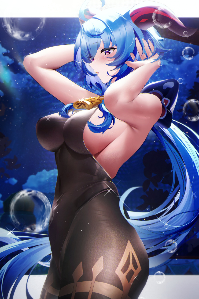 1girl absurdres ahoge armpits arms_behind_head arms_up bangs bare_shoulders bell black_gloves black_leotard blue_hair blush bodystocking bodysuit breasts brown_pantyhose cowboy_shot fantongjun ganyu_(genshin_impact) genshin_impact gloves groin highres horns large_breasts leotard leotard_under_clothes long_hair looking_to_the_side neck_bell night night_sky open_mouth paid_reward_available pantyhose purple_eyes sideboob sky solo standing thighlet thighs