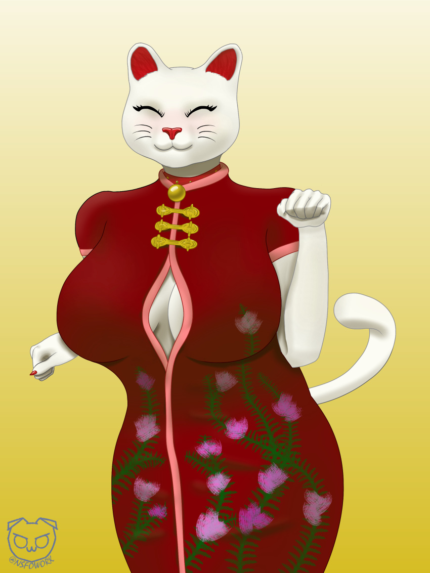 3:4 absurd_res anthro asian_clothing big_breasts breasts chinese_clothing chinese_dress cleavage_cutout clothed clothing collar curvy_figure domestic_cat dress east_asian_clothing eyelashes felid feline felis female floral_print fur hi_res huge_breasts mammal maneki-neko nails paw_pose pose sharp_nails slightly_chubby smile solo voluptuous whiskers white_body white_fur wonderofuwu