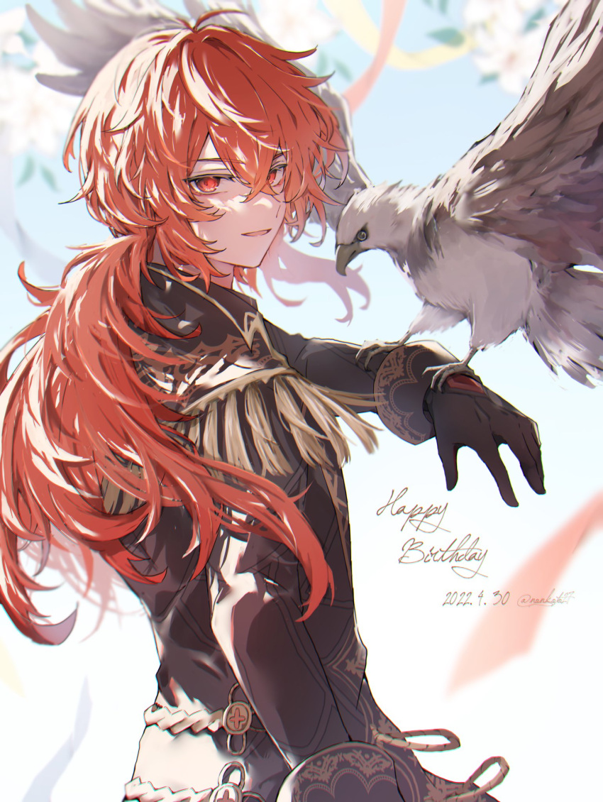 1boy animal_on_arm arm_up artist_name bangs bird bird_on_arm black_coat black_gloves coat confetti crossed_bangs dated diluc_(genshin_impact) flower genshin_impact gloves gold_trim hair_between_eyes happy_birthday hawk highres long_hair long_sleeves looking_at_viewer looking_back male_focus non_koto27 open_mouth parted_lips ponytail red_eyes red_hair sidelocks signature smile solo streamers tassel twitter_username upper_body white_flower