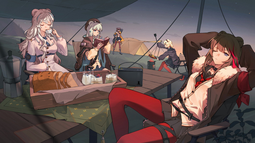 5girls animal_ears arknights armband arms_behind_head bear_ears bear_girl beret black_collar black_jacket black_skirt blonde_hair blue_dress blue_eyes blue_hair blue_skirt bread breasts brown_hair brown_headwear brown_jacket candy_hair_ornament chair closed_eyes coat collar cup dress drinking dusk food food-themed_hair_ornament frying_pan gummy_(arknights) hair_ornament hairclip hat highres holding holding_frying_pan holding_spatula istina_(arknights) jacket leto_(arknights) long_hair long_sleeves medium_breasts monocle multicolored_hair multiple_girls mumu_(leelee_mumu) neckerchief open_clothes open_jacket outdoors pantyhose parfait pink_hair pleated_skirt red_neckerchief red_pantyhose rosa_(arknights) sailor_dress school_uniform sitting skirt small_breasts spatula star_(symbol) star_hair_ornament streaked_hair sweater_vest teacup tent white_coat white_hair yellow_sweater_vest zima_(arknights)