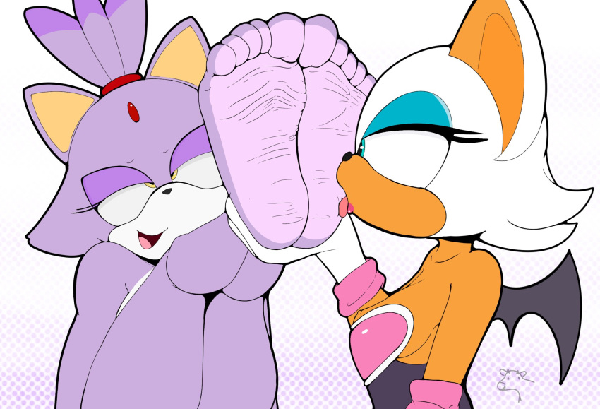 blaze_the_cat chiropteran dearhotglues domestic_cat feet felid feline felis foot_fetish foot_lick foot_play hi_res licking mammal rouge_the_bat sega soles sonic_the_hedgehog_(series) toes tongue tongue_out