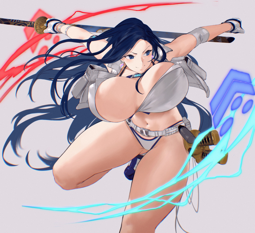 1girl absurdres armband bikini bikini_bottom_only blue_hair bouncing_breasts breasts cleavage covered_nipples earrings gloves highres holding holding_sword holding_weapon huge_breasts jewelry katana leg_lift long_hair original procreate_(medium) rowkiba sheath sheathed shoes simple_background sneakers swimsuit sword weapon