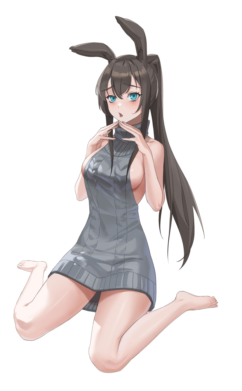 1girl absurdres alternate_costume amiya_(arknights) animal_ears arknights bare_legs barefoot blue_eyes blush breasts brown_hair chinese_commentary embarrassed eyebrows_hidden_by_hair eyelashes full_body furrowed_brow grey_sweater hair_between_eyes highres long_hair looking_at_viewer medium_breasts meme_attire open_mouth own_hands_together ponytail qingtiana rabbit_ears sideboob sidelocks simple_background sitting sleeveless sleeveless_sweater sleeveless_turtleneck solo steepled_fingers sweater turtleneck turtleneck_sweater virgin_killer_sweater wariza white_background