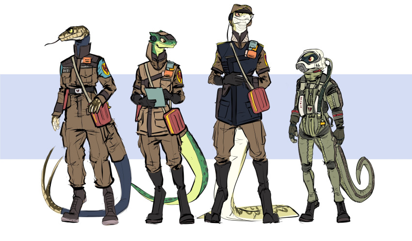 2022 ambiguous_gender anthro armor black_body black_clothing black_pupils brown_body brown_clothing brown_eyes clothed clothing colored darbaras emblem footwear green_body group hat headgear headwear helmet hi_res jumpsuit lizard male pupils red_eyes reptile scalie shoes uniform yellow_body yellow_sclera
