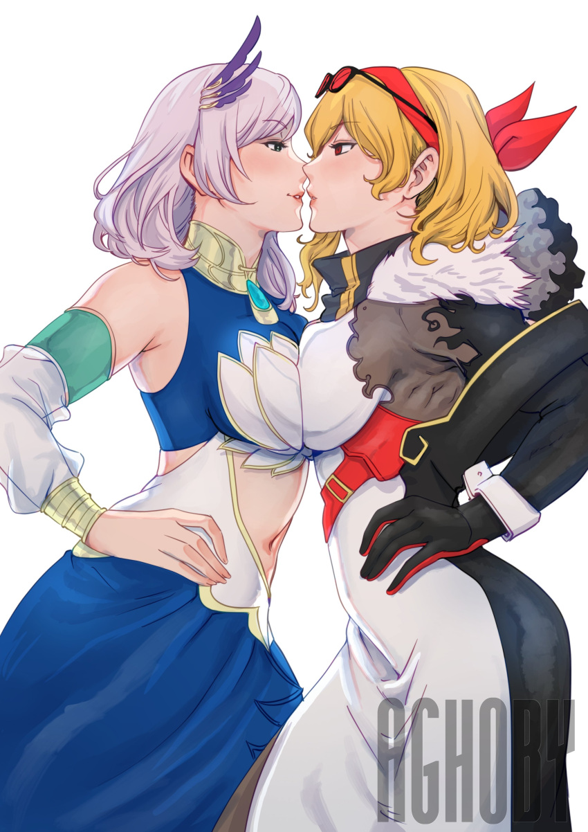 2girls absurdres aghoby blonde_hair blue_eyes breast_contest breast_press breasts eye_contact eyewear_on_head gloves hand_on_hip highres hololive hololive_indonesia imminent_kiss kaela_kovalskia large_breasts looking_at_another multiple_girls navel pavolia_reine red_eyes short_hair simple_background symmetrical_docking virtual_youtuber white_background