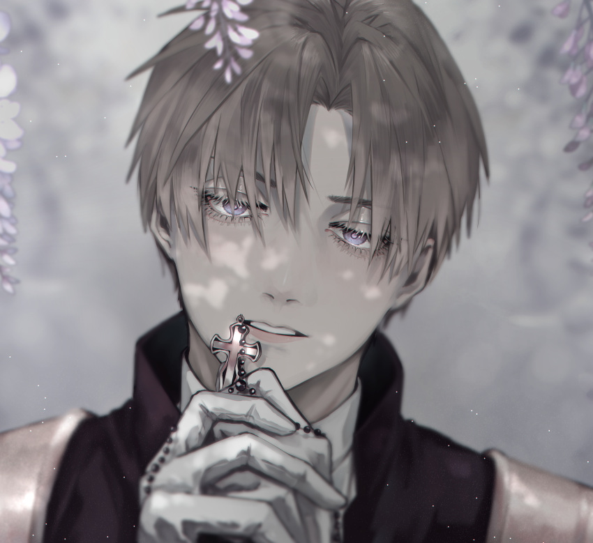 1boy absurdres bangs blurry brown_hair cross depth_of_field eyelashes flower gloves grey_background grey_hair half-closed_eyes heshikiri_hasebe highres holding interlocked_fingers light_particles looking_afar male_focus nature own_hands_together parted_bangs parted_lips portrait praying purple_eyes r_a_y0 rosary short_hair solo touken_ranbu white_gloves wisteria
