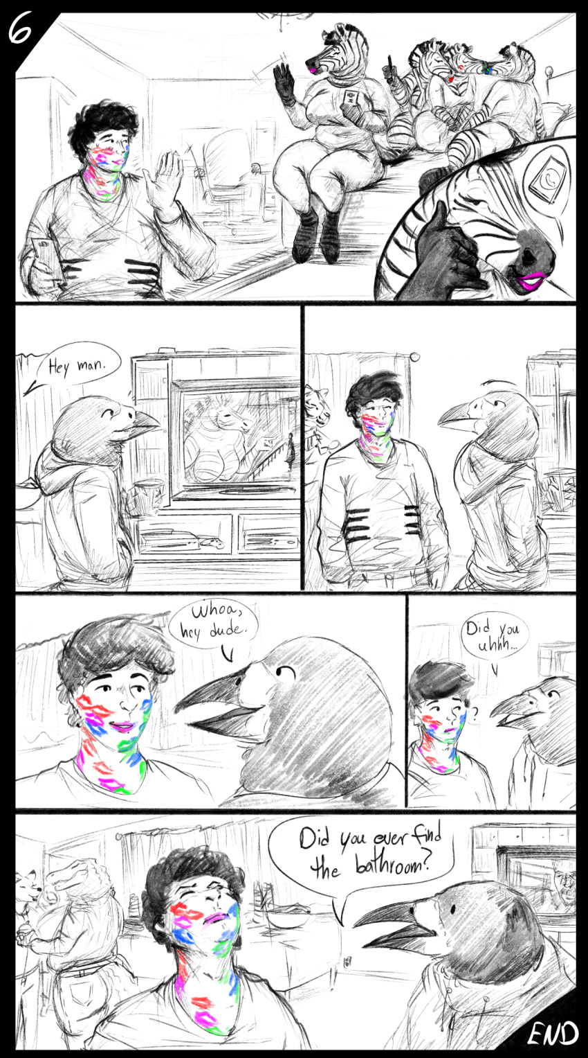 2022 anthro anthro_on_anthro avian biped bird blue_lipstick call_me comic crocodile crocodilian crocodylid dialogue digital_media_(artwork) doctordj english_text equid equine female female/female green_lipstick group hi_res human humor inside lipstick lipstick_on_face makeup male mammal party pink_lipstick red_lipstick reptile scalie smile speech_bubble television text zebra