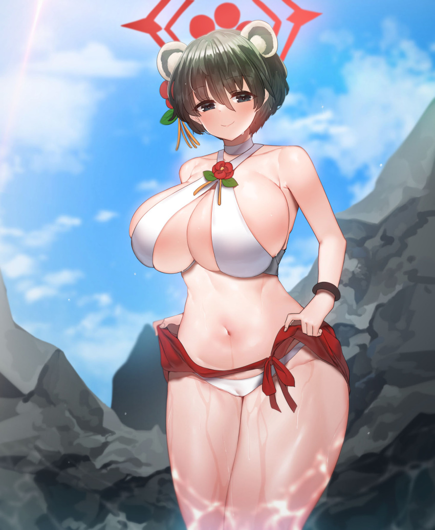 1girl animal_ears bangs bikini black_eyes black_hair blue_archive blush breasts cleavage cloud commentary day flower hair_ornament halo highres huge_breasts looking_at_viewer moonjunk outdoors red_flower rock short_hair sky smile solo swimsuit tsubaki_(blue_archive) wet