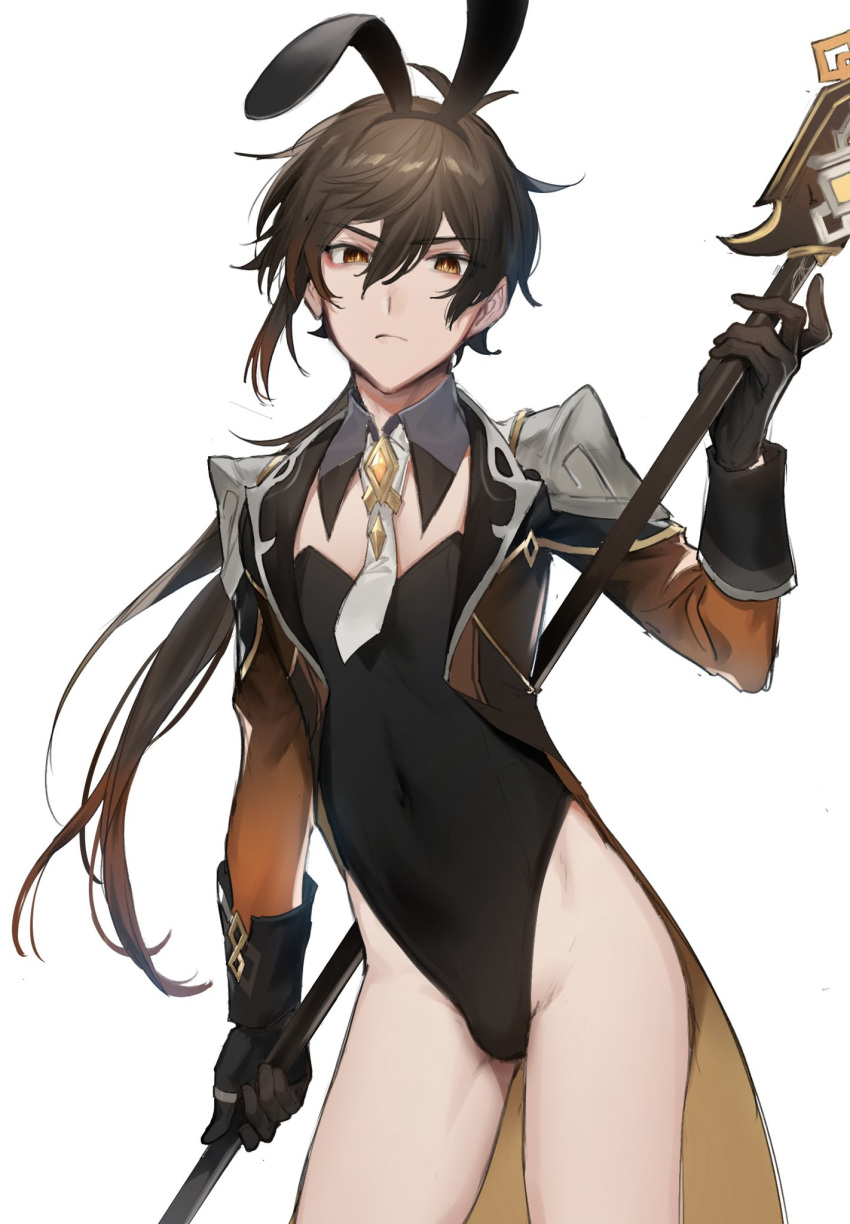 1boy animal_ears bangs black_gloves black_hair black_leotard brown_eyes brown_hair closed_mouth coat covered_navel crossdressing fake_animal_ears genshin_impact gloves gradient_hair hair_between_eyes highres holding holding_polearm holding_weapon leotard long_hair long_sleeves looking_at_viewer male_focus multicolored_hair necktie nuntarou_(niudon_kajika) playboy_bunny polearm ponytail rabbit_ears simple_background solo spear weapon white_background white_necktie zhongli_(genshin_impact)