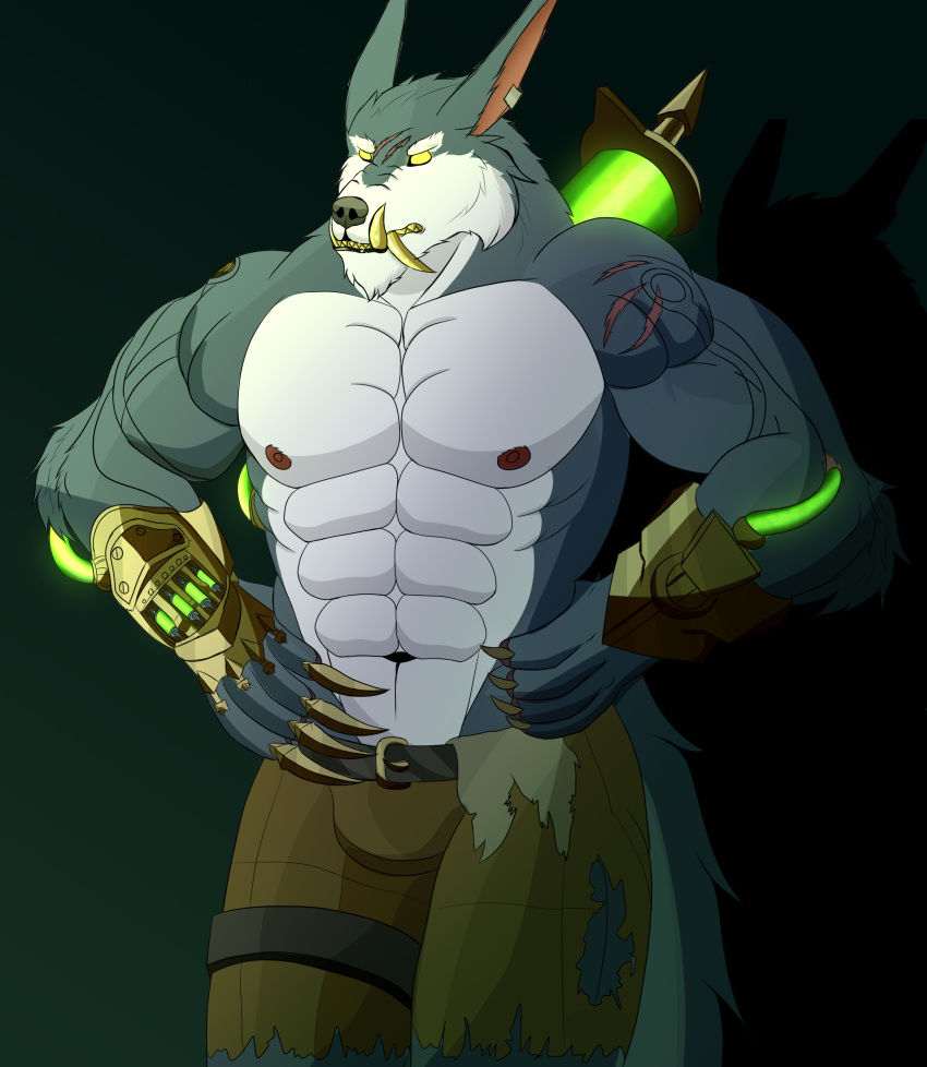 2022 abs absurd_res angry anthro artist_name biceps bottomwear bulge canid canine canis clothed clothing digital_drawing_(artwork) digital_media_(artwork) ears_up fangs fur hands_on_hips henryfda hi_res league_of_legends line_art male mammal muscular muscular_anthro muscular_male nipples pecs riot_games scar shaded simple_background solo text topless tube url video_games warwick_(lol) were werecanid werecanine wolf