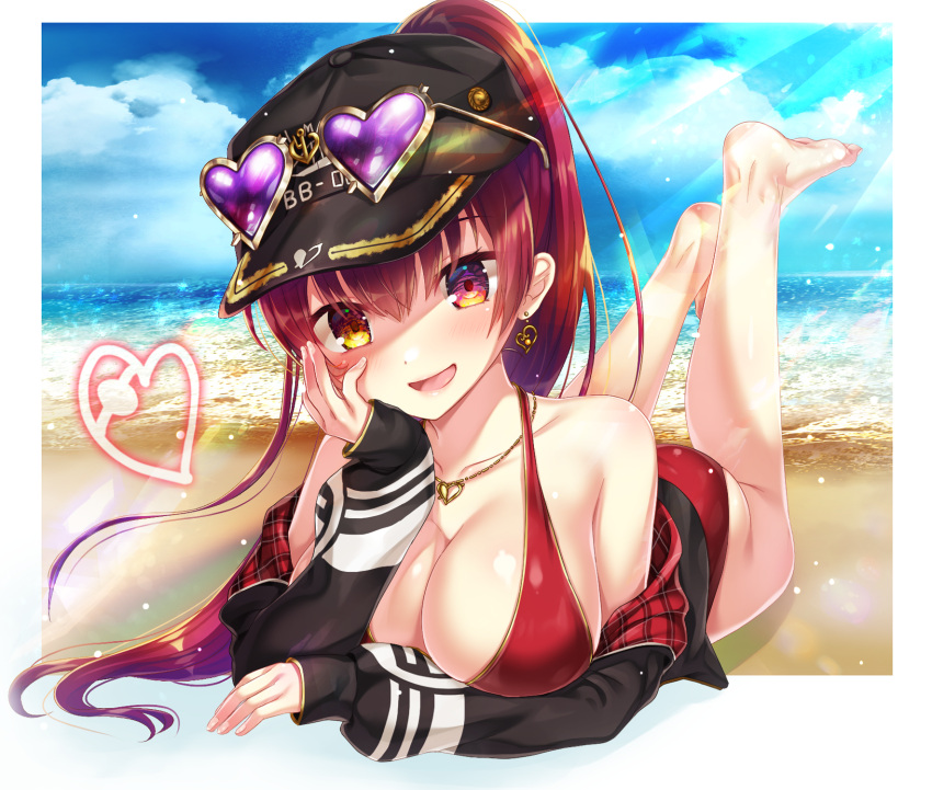 1girl arm_support ass bangs barefoot beach bikini bikini_under_clothes black_headwear black_jacket blue_sky blush breasts cleavage cloud cloudy_sky collarbone commentary_request day eyewear_on_headwear feet full_body gold_trim head_tilt heart heterochromia highres hololive houshou_marine jacket jewelry kokkoasa large_breasts legs long_hair long_sleeves looking_at_viewer lying necklace off_shoulder official_alternate_costume on_stomach open_mouth outdoors ponytail purple_eyewear red_eyes red_hair shadow shiny shiny_skin sidelocks sky sleeves_past_wrists solo swimsuit the_pose toes virtual_youtuber yellow_eyes