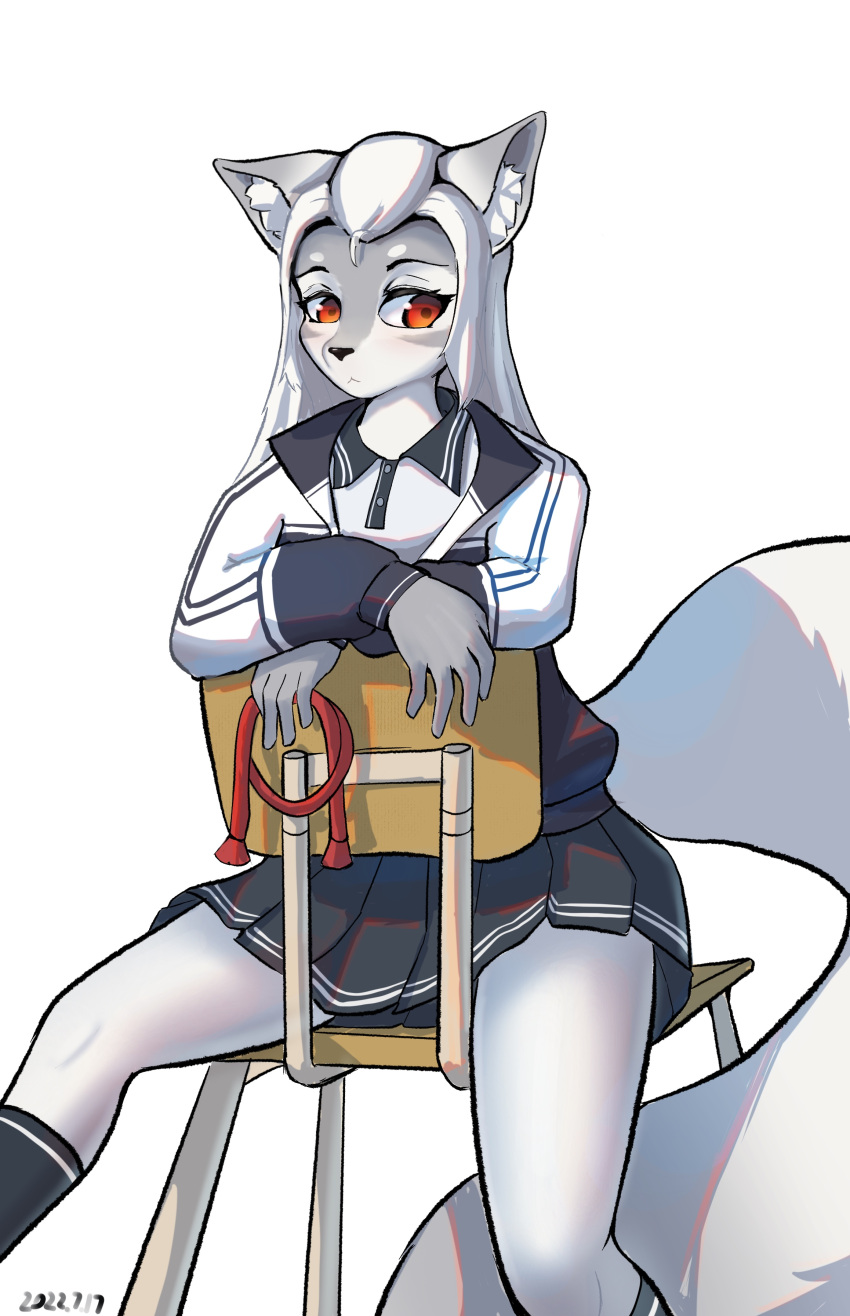 absurd_res accessory anthro bottomwear canid canine canis chair clothing female furniture gfox404 hair_accessory hair_ribbon hakuro_(onmyoji) hi_res jacket mammal on_chair red_eyes ribbons simple_background sitting sitting_on_chair skirt solo thigh topwear wolf