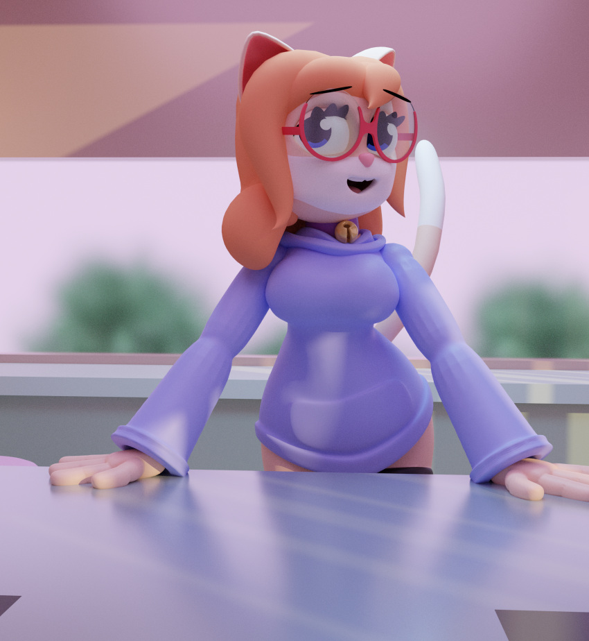 3d_(artwork) absurd_res anthro bell big_breasts blender_(software) blue_eyes breasts cat_tail clothing cute_expression digital_media_(artwork) eyewear felid feline female furniture glasses guak hair hi_res hoodie humanoid jacket legwear looking_at_viewer mammal orange_hair pink_nose purple_clothing purple_jacket purple_topwear queen_(alfa995) red_eyewear red_glasses solo table thigh_highs topwear wavey_hair wide_hips