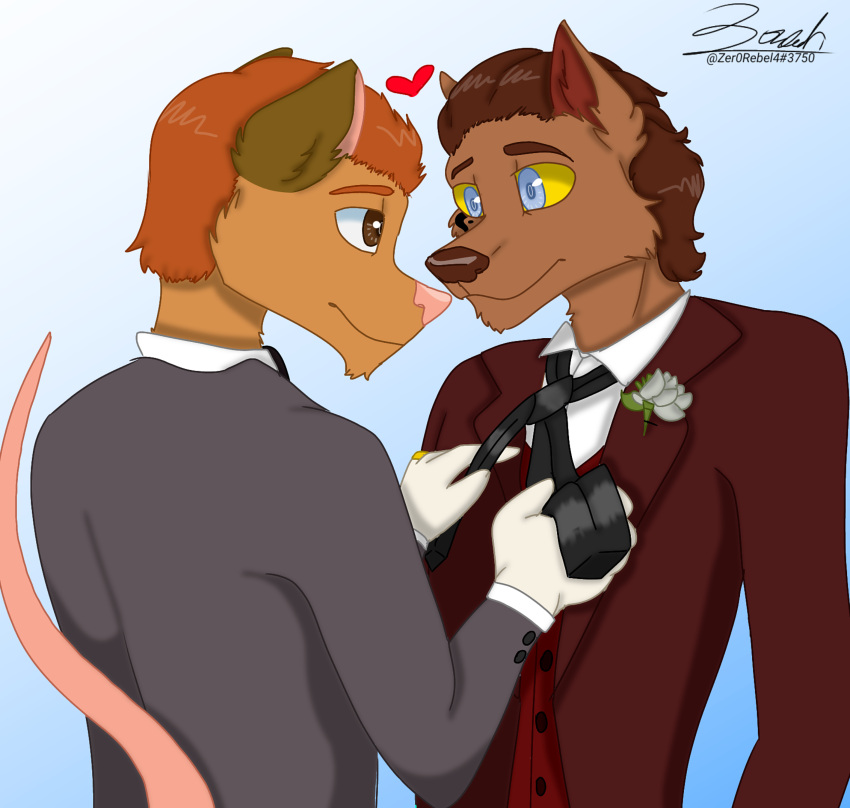 &lt;3 2022 absurd_res anthro blue_eyes brown_body brown_eyes brown_fur brown_hair brown_markings bust_portrait canid canine canis cheek_tuft chin_tuft clothed clothing corsage didelphid digital_drawing_(artwork) digital_media_(artwork) dress_shirt duo eye_contact facial_tuft flower fur gradient_background hair hi_res interspecies looking_at_another male male/male mammal markings marsupial mature_male necktie orange_body orange_fur orange_hair plant portrait raised_tail romantic romantic_ambiance romantic_couple shirt simple_background slicked_back_hair smile suit suit_jacket thomas_ii_(zer0rebel4) timothy_(zer0rebel4) topwear tuft tying vest wedding were werecanid werecanine werewolf white_body white_fur white_markings wolf zer0rebel4