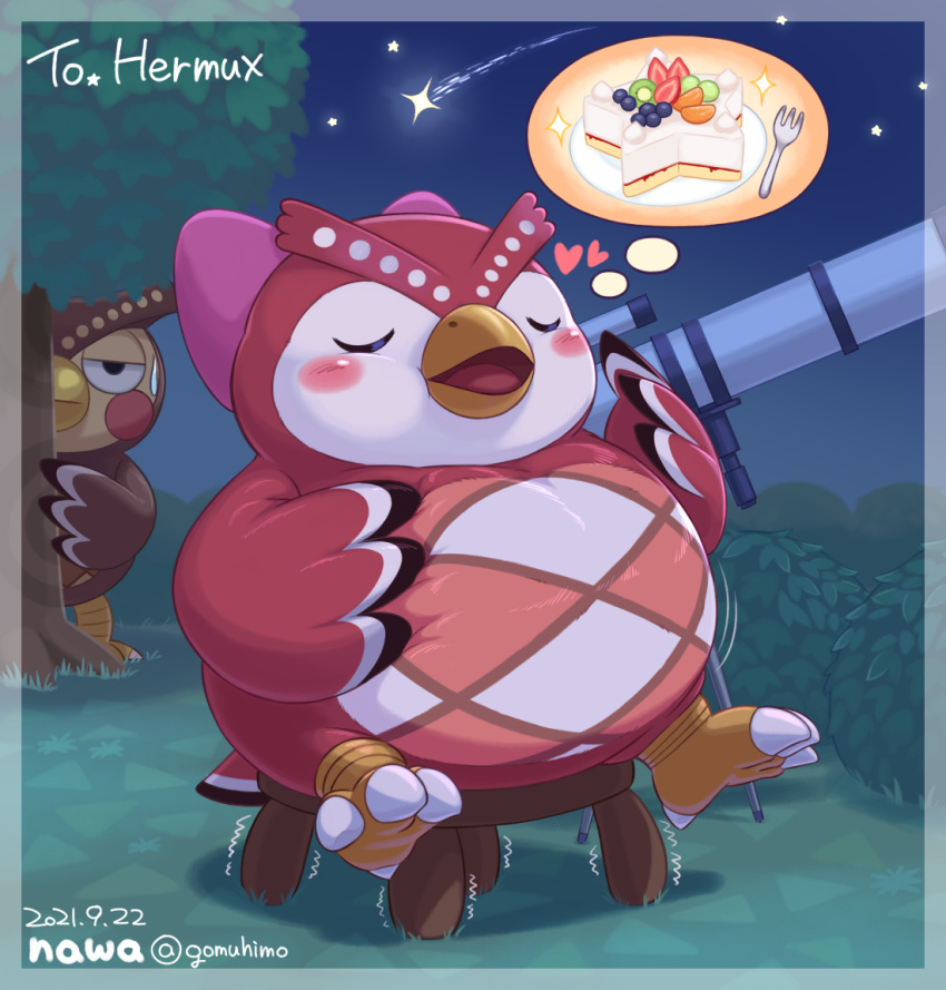 &lt;3 2021 animal_crossing anthro avian belly big_belly bird blathers_(animal_crossing) blush cake celeste_(animal_crossing) chair chubby_cheeks dessert dream eyes_closed feathers female food furniture gomuhimo half-closed_eyes hand_on_stomach hiding narrowed_eyes nawa nintendo open_mouth overweight owl thought_bubble video_games