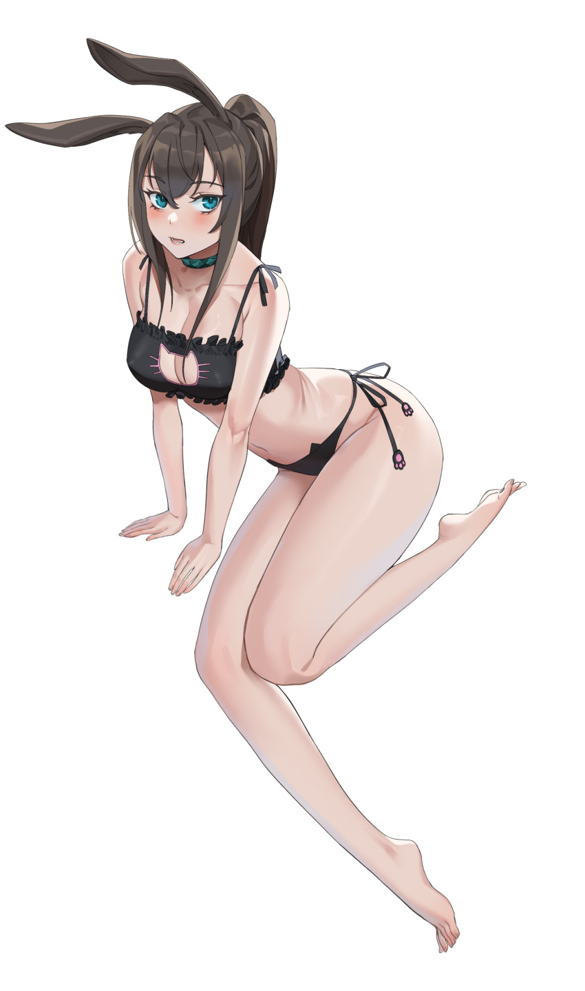 1girl absurdres alternate_costume amiya_(arknights) animal_ears arknights arm_support bare_legs barefoot black_bra black_panties blue_eyes blush bra breasts brown_hair cat_cutout cat_lingerie cleavage cleavage_cutout clothing_cutout collarbone commentary eyebrows_hidden_by_hair eyelashes frilled_bra frills full_body hair_between_eyes highres jewelry lips long_hair looking_at_viewer medium_breasts meme_attire navel neck_ring open_mouth panties ponytail qingtiana rabbit_ears side-tie_panties sidelocks simple_background solo stomach underwear white_background