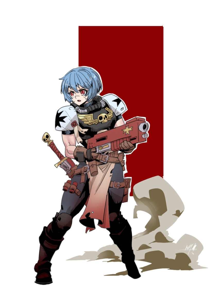 1girl adeptus_astartes ammunition_belt armor blue_hair boots gun highres holding holding_weapon loincloth looking_to_the_side open_mouth pauldrons purity_seal red_eyes rmulderz scar scar_on_face short_hair shotgun shotgun_shell shoulder_armor skull solo sword warhammer_40k weapon