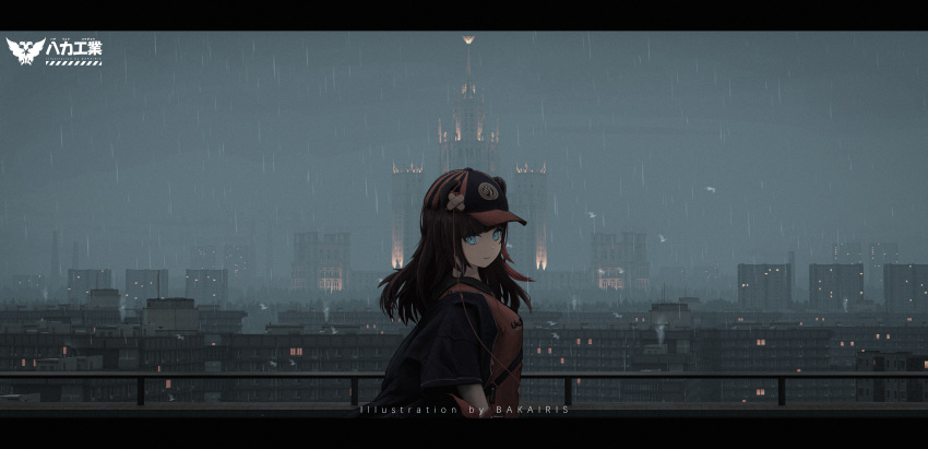 1girl absurdres animal_ears architecture arknights artist_name bakairis bandaid bangs bear_ears bird black_jacket blue_eyes blunt_bangs brown_hair building chinese_commentary city cityscape closed_mouth cloud cloudy_sky commentary_request earphones ears_through_headwear flat_cap from_side hat highres jacket letterboxed looking_at_viewer looking_to_the_side multicolored_hair official_alternate_costume open_clothes open_jacket outdoors partial_commentary railing rain red_hair red_shirt scenery shirt sky smile solo streaked_hair two-tone_hair upper_body ursus_empire_logo zima_(arknights) zima_(ursusio79)_(arknights)