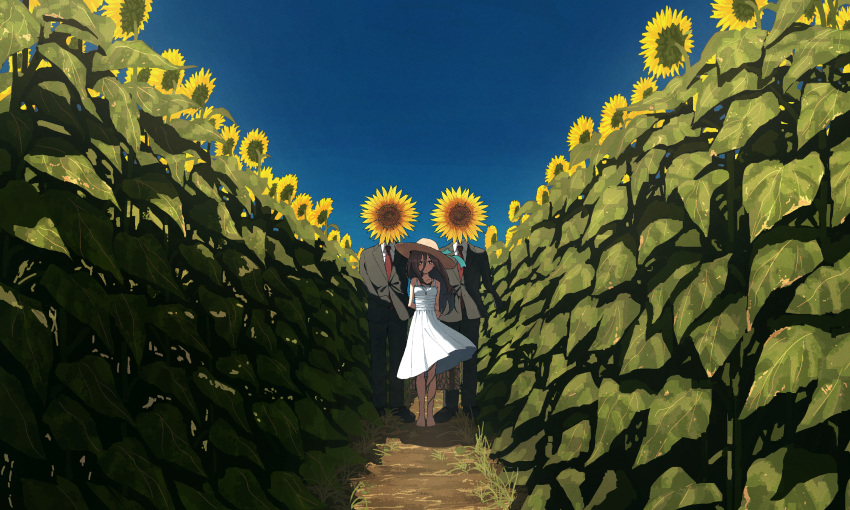 1girl 2boys absurdres arm_behind_back bare_arms bare_shoulders barefoot black_footwear black_jacket black_pants blue_sky collared_shirt commentary_request day dress field flower flower_field formal highres jacket multiple_boys necktie original outdoors pants red_necktie shirt shoes sky sleeveless sleeveless_dress standing suit sundress sunflower surreal white_dress white_shirt wozora yellow_flower