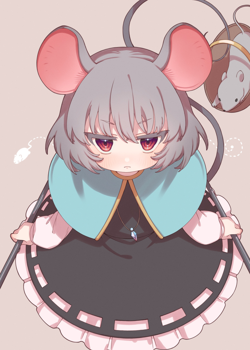 1girl absurdres animal_ears basket capelet dowsing_rod dress e_sdss from_above frown grey_hair highres jewelry looking_at_viewer mouse mouse_ears mouse_tail nazrin necklace pendant red_eyes simple_background solo tail touhou v-shaped_eyebrows