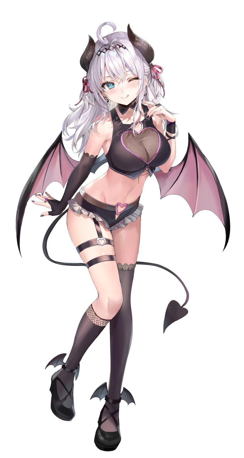 1girl ;q absurdres ahoge alisa_mikhailovna_kujou armpit_crease asymmetrical_legwear bare_shoulders black_choker black_footwear black_nails black_shirt black_shorts black_socks black_thighhighs blue_eyes breasts bridal_gauntlets choker cleavage closed_mouth clothing_cutout commentary_request crop_top demon_girl demon_horns demon_tail demon_wings detached_collar earrings frilled_shorts frills full_body hairband hand_up heart heart_cutout highres horns jewelry large_breasts long_hair looking_at_viewer micro_shorts midriff momoko_(momopoco) nail_polish naughty_face navel one_eye_closed open_fly shirt shoes shorts simple_background sleeveless sleeveless_shirt smile socks solo standing stomach tail taut_clothes thigh_strap thighhighs thighs tokidoki_bosotto_roshia-go_de_dereru_tonari_no_arya-san tongue tongue_out white_background white_hair wings wristband