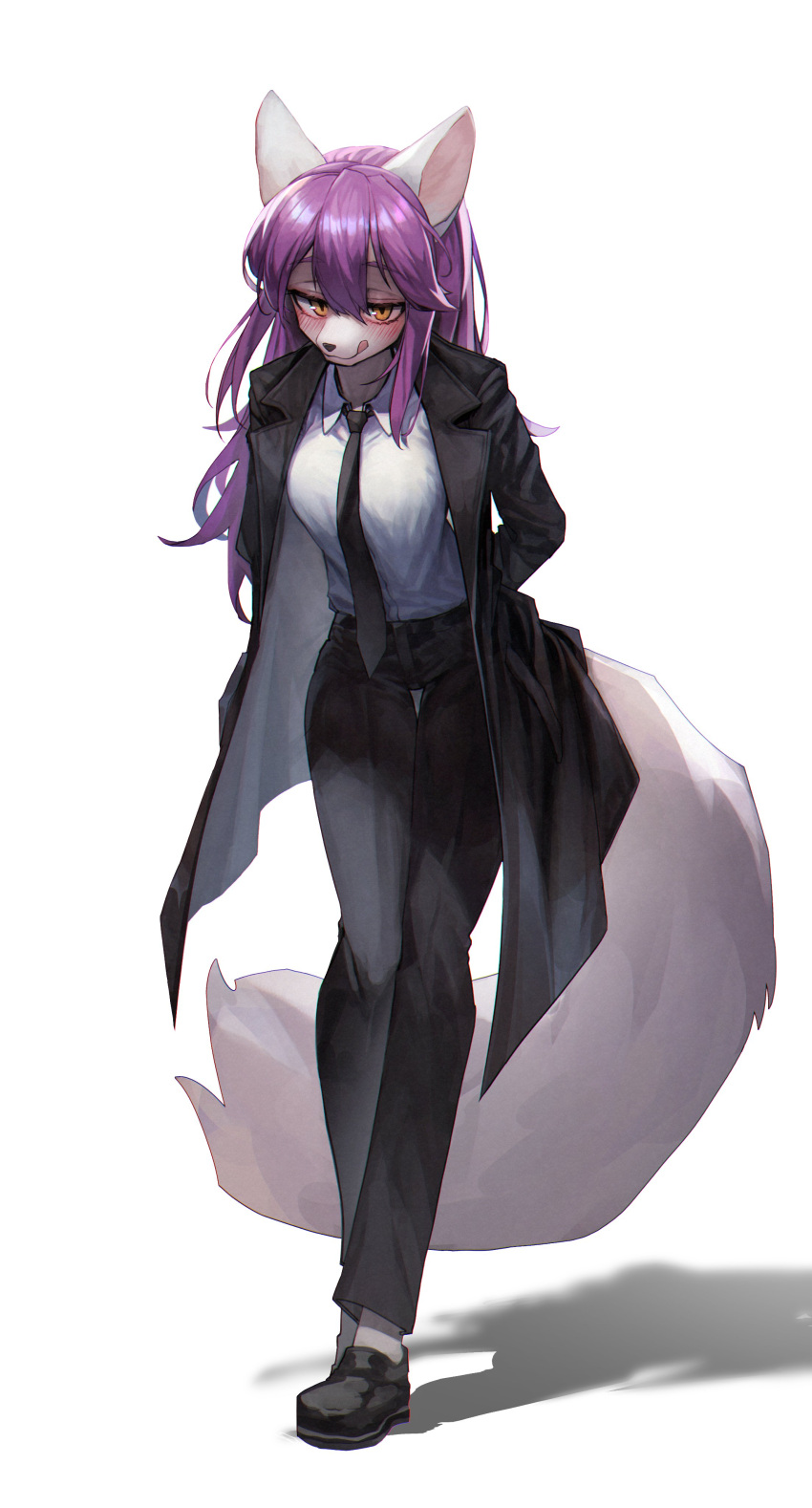 1girl :3 absurdres animal_ears animal_nose arms_behind_back bangs belt black_coat black_footwear black_necktie black_pants blush body_fur breasts chromatic_aberration closed_mouth coat collared_shirt formal fox_ears fox_girl fox_tail full_body furry furry_female gilmang grey_fur hair_between_eyes half-closed_eyes happy highres large_tail leaning_forward legs_together licking_lips long_hair long_sleeves looking_at_viewer medium_breasts necktie open_clothes open_coat original pants purple_hair shiny shiny_hair shirt shirt_tucked_in shoes sidelocks simple_background smile snout solo standing suit tail tongue tongue_out white_background white_shirt yellow_eyes