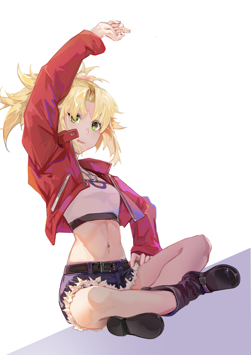 1girl absurdres arm_up bandeau bangs belt blonde_hair blue_shorts boots braid breasts cutoffs denim denim_shorts fate/apocrypha fate/grand_order fate_(series) french_braid green_eyes highres jacket jewelry long_hair long_sleeves looking_at_viewer mordred_(fate) mordred_(fate/apocrypha) mordred_(memories_at_trifas)_(fate) navel necklace open_clothes open_jacket open_mouth parted_bangs ponytail red_jacket short_shorts shorts sidelocks sitting small_breasts solo zuihou_de_miao_pa_si