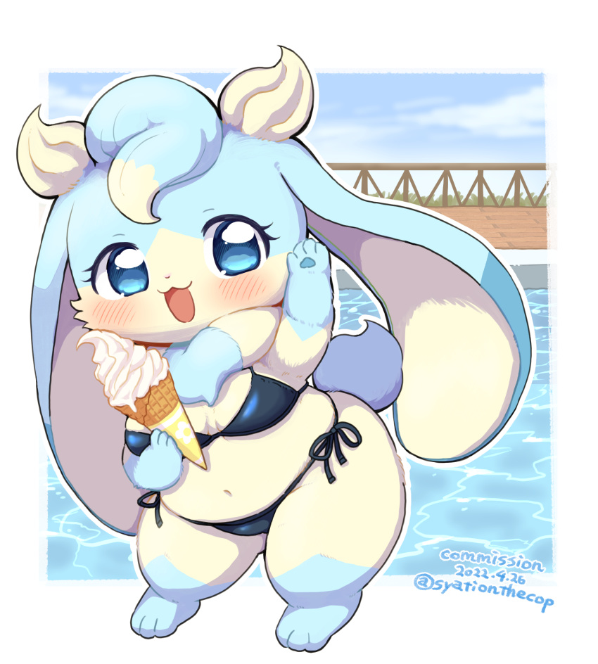 2022 3_toes 4_fingers anthro belly bikini biped blue_body blue_eyes blue_fur blue_paws blush breasts cheek_tuft chibi chubby_female cleavage clothed clothing curvy_figure dessert dewlap_(anatomy) digital_media_(artwork) eyelashes facial_tuft feet female fingers floppy_ears food fur hi_res holding_food holding_ice_cream holding_object ice_cream kemono lagomorph leporid long_ears looking_at_viewer lop_ears mammal multicolored_body multicolored_fur navel open_mouth open_smile overweight overweight_female rabbit semi-anthro short short_stack skimpy slightly_chubby smile sofu_(pyritie) solo standing swimming_pool swimwear swirl syationthecop tan_body tan_fur thick_thighs toes tongue tuft two_tone_body two_tone_fur wide_hips