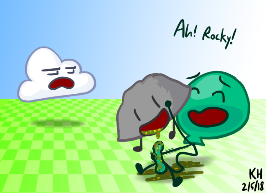 animate_inanimate balloony_(bfb) battle_for_dream_island bodily_fluids cloudy_(bfb) emetophilia exclamation_point genitals group kingheron male male/male object_shows open_mouth penis rocky_(bfdi) text trio vomit vomit_on_penis what