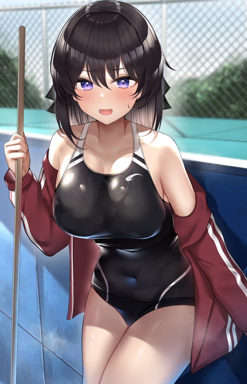 1girl absurdres bangs bare_shoulders black_hair black_swimsuit blurry blurry_background blush breasts chain-link_fence cleavage covered_navel cowboy_shot depth_of_field double_vertical_stripe fence hair_between_eyes hand_up highres holding jacket kaku_yone large_breasts long_hair long_sleeves looking_at_viewer off_shoulder one-piece_swimsuit open_clothes open_jacket open_mouth original outdoors purple_eyes red_jacket school_swimsuit solo standing sweatdrop swimsuit thighs two-tone_swimsuit wet wet_clothes wet_swimsuit