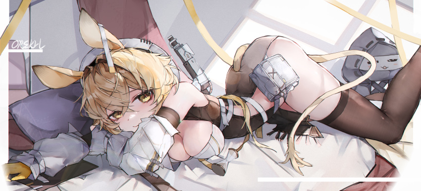1girl absurdres animal_ears arknights artist_name bangs black_dress black_thighhighs blonde_hair breasts character_doll cleavage crossed_bangs detached_sleeves doctor_(arknights) dorothy_(arknights) dress feet_out_of_frame gloves hair_between_eyes hat highres large_breasts long_hair looking_at_viewer lying mouse_ears mouse_girl mouse_tail on_stomach oreshki pillow pouch side_cutout single_glove solo tail tail_through_clothes thighhighs thighs white_bag white_headwear white_sleeves yellow_eyes yellow_gloves