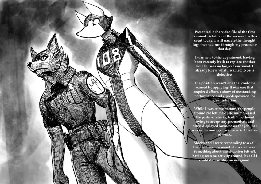 anthro black_suit canid canine canis clothing comic duo english_text female grimart machine male mammal monochrome noctua_(grimart) police police_officer police_uniform robot text uniform white_body wolf