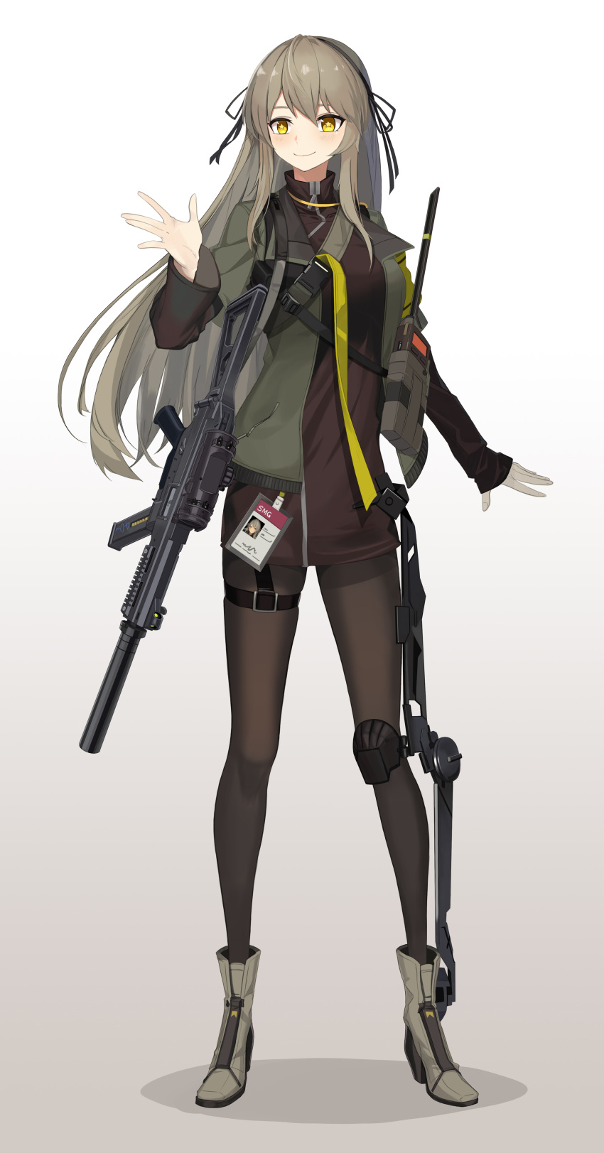 1girl absurdres black_pantyhose black_shirt black_skirt boots dlarudgml21 exoskeleton full_body girls'_frontline green_eyes green_hair gun h&amp;k_ump h&amp;k_ump40 hairband heckler_&amp;_koch high_heel_boots high_heels highres id_card jacket knee_pads open_clothes open_jacket pantyhose shirt simple_background single_knee_pad skirt standing star-shaped_pupils star_(symbol) submachine_gun symbol-shaped_pupils tachi-e thigh_strap ump40_(girls'_frontline) weapon