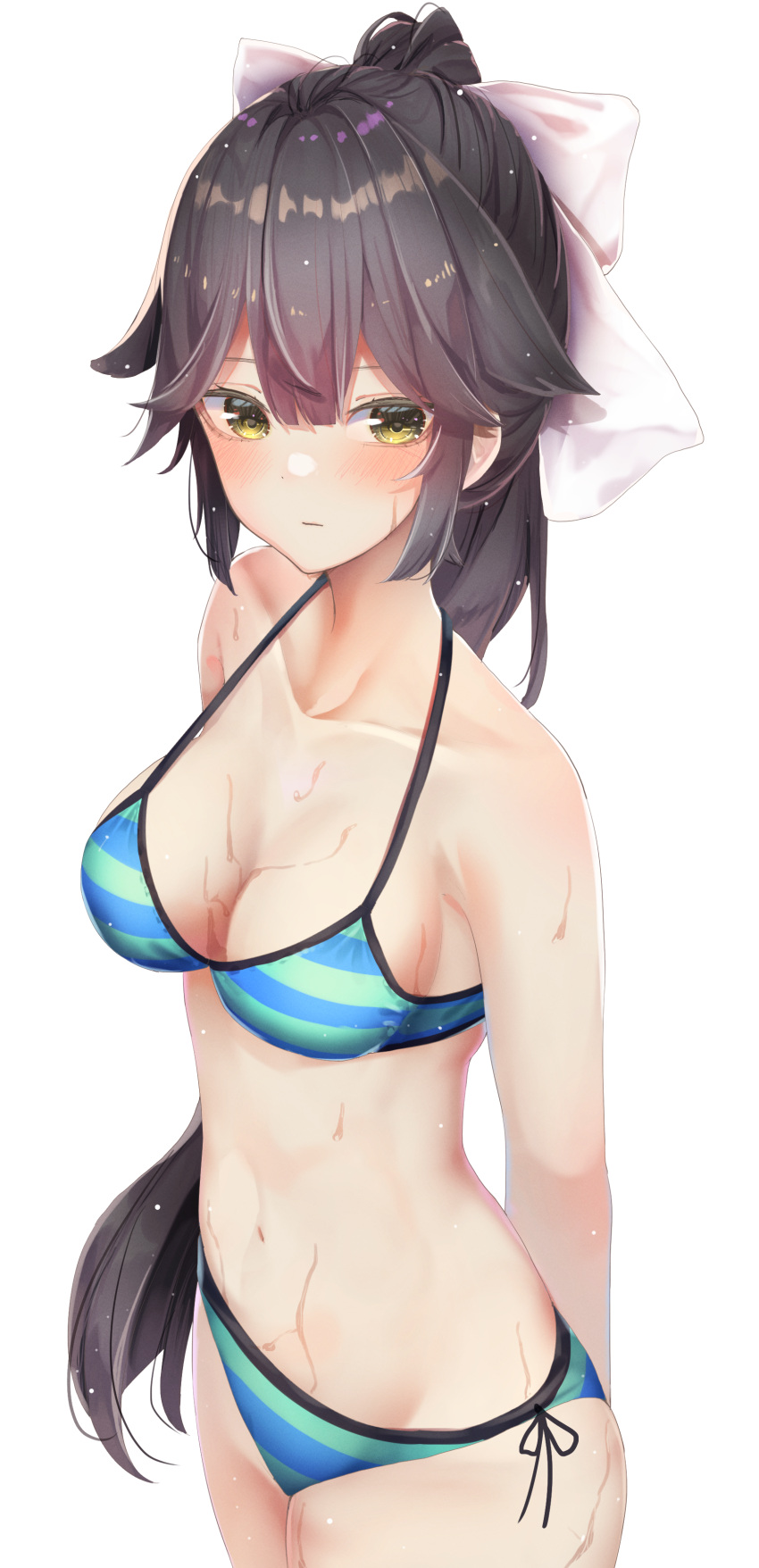 1girl absurdres azur_lane bikini black_hair blush highres long_hair simple_background solo swimsuit takao_(azur_lane) yellow_eyes yuunamida_uyu