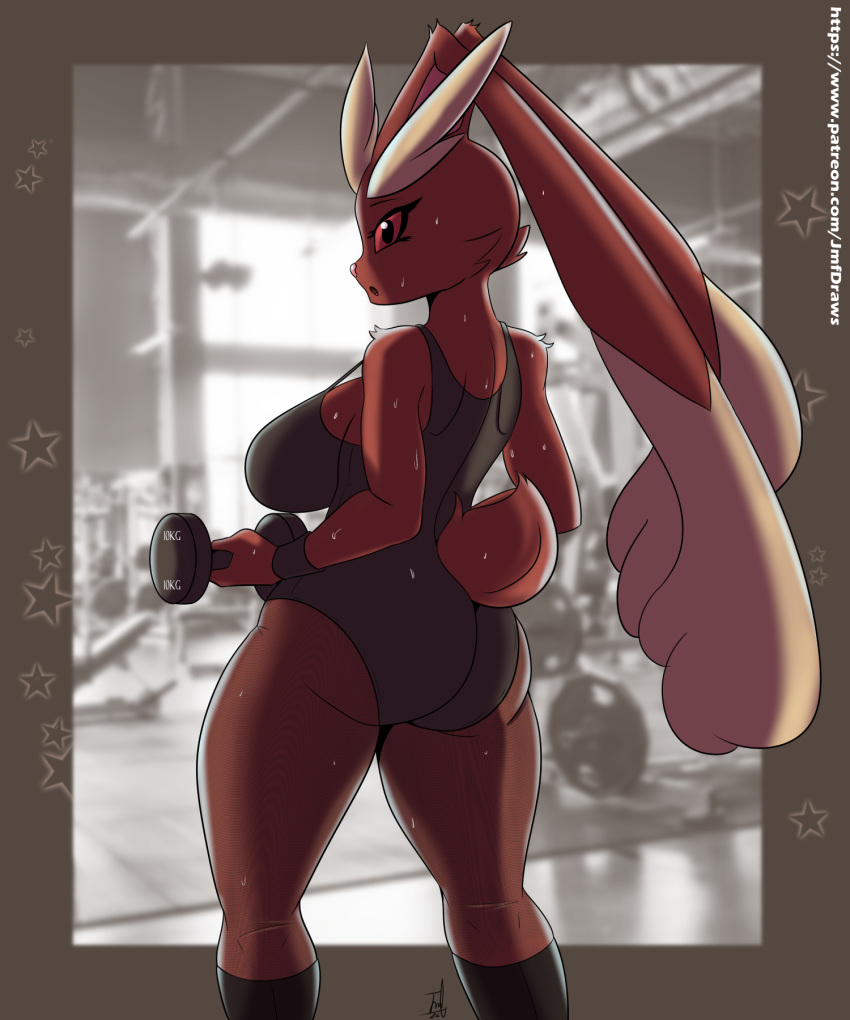 anthro big_breasts bodily_fluids breasts brown_body brown_fur butt clothed clothing dumbbell exercise female fur hi_res lopunny nintendo pok&eacute;mon pok&eacute;mon_(species) quakebrothers solo sweat video_games weightlifting weights workout